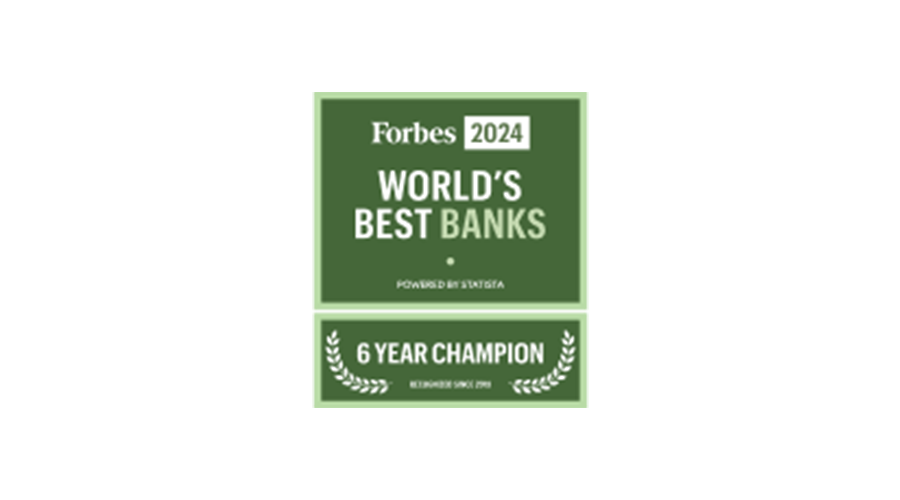 Forbes 2024 World’s Best Banks badge. Powered by Statista. Six year champion recognized since 2019.