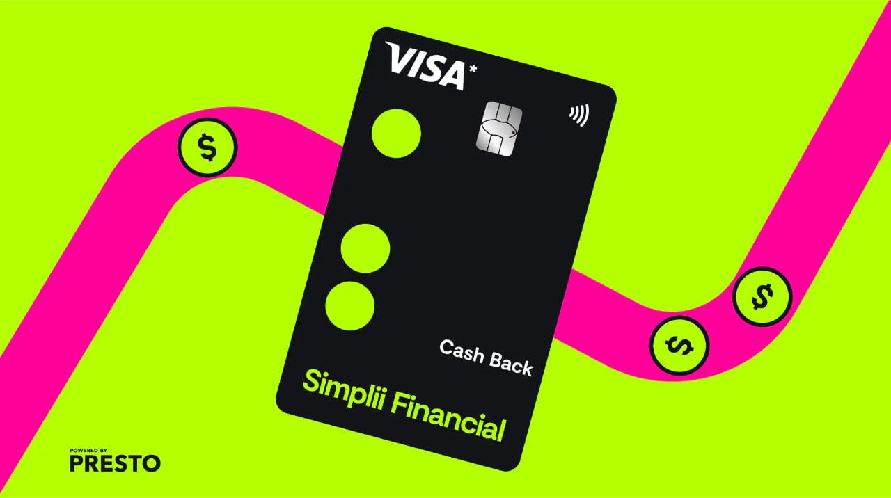  A Simplii Financial Cash back Visa Card over a track graphic illustration. Logo on the bottom right corner with the logo text: Powered by Presto.